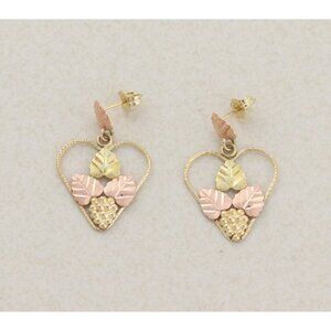 10k Yellow Gold Black Hills Gold Heart Leaf Earrings Dangle Drop 1" x 3/4"